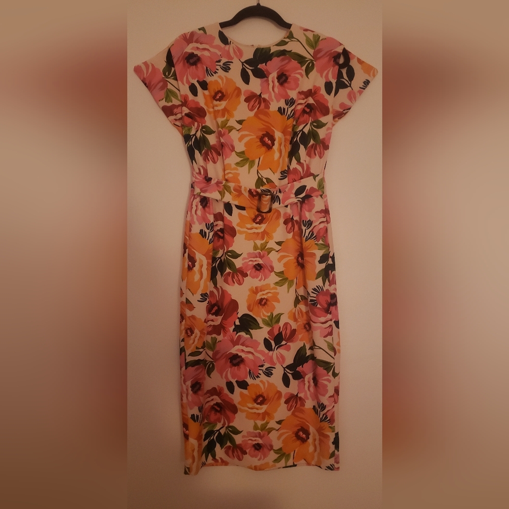 Floral Belted Midi Dress - Pink & Yellow